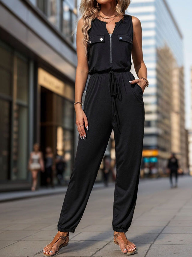 Basic Jumpsuit in Black polyester - Nowi Korean Fashion