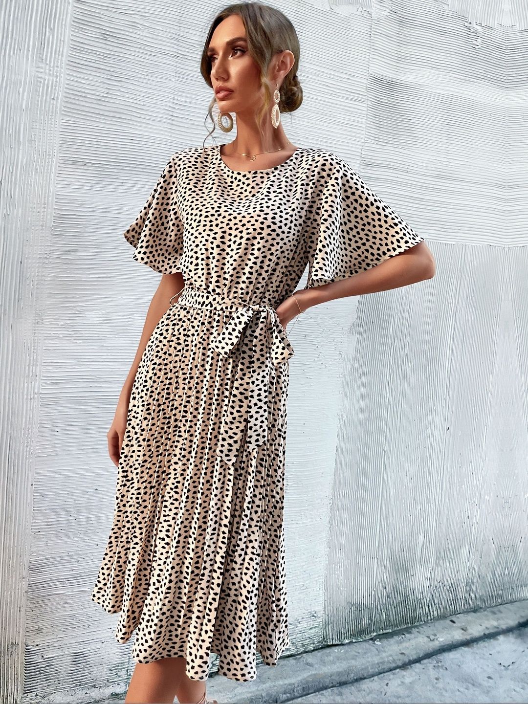 Animal Print Flutter Sleeve Fit & Flare Midi Dress