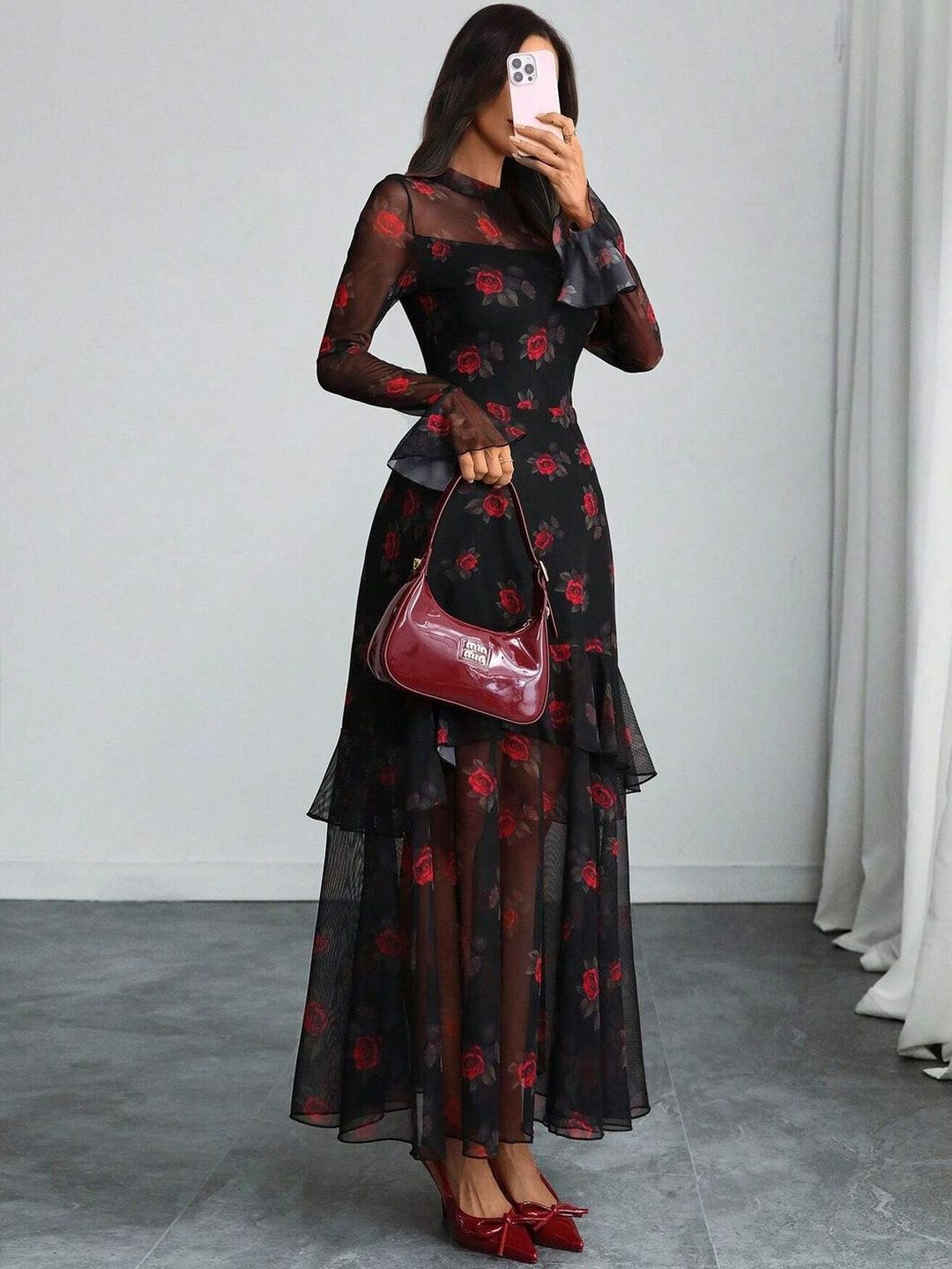 Floral Print Flared Sleeve Ruffled Sheath Maxi Dress