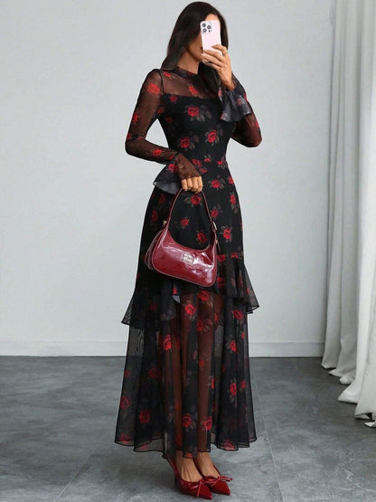 Floral Print Flared Sleeve Ruffled Sheath Maxi Dress