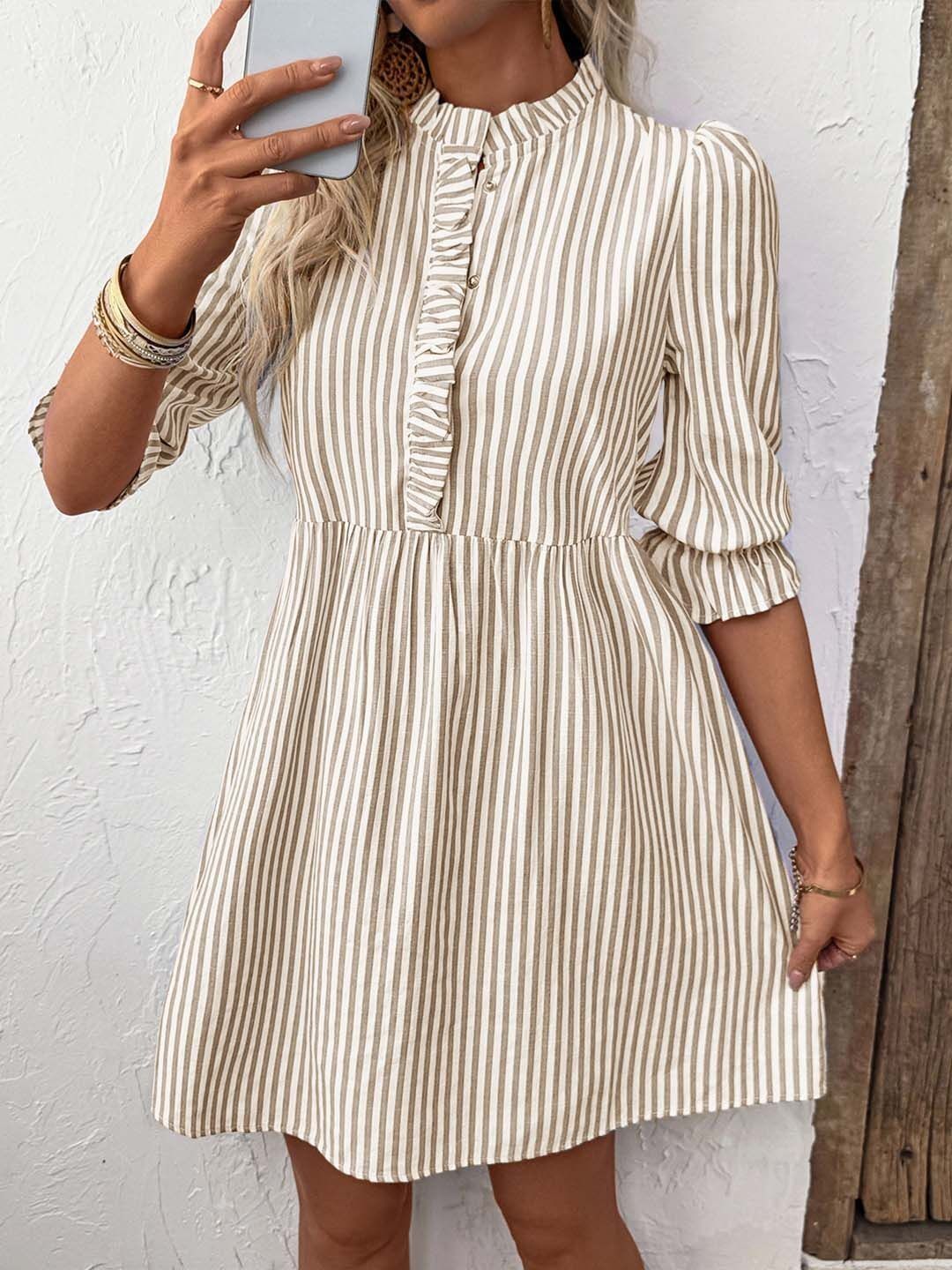 Striped Puff Sleeve Ruffled A-Line Dress