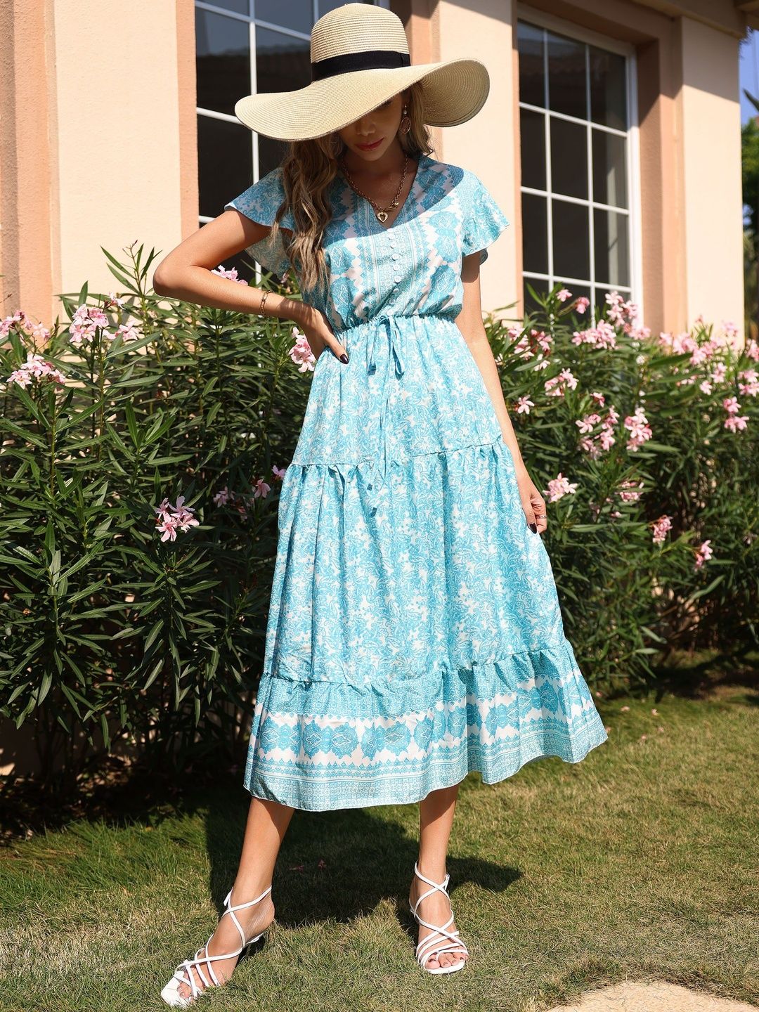 Floral Print Flutter Sleeve A-Line Midi Dress