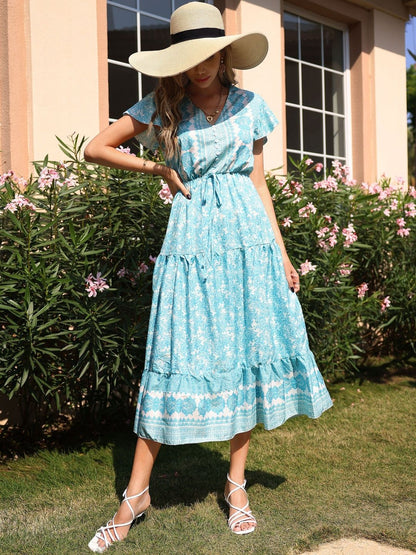 Floral Print Flutter Sleeve A-Line Midi Dress