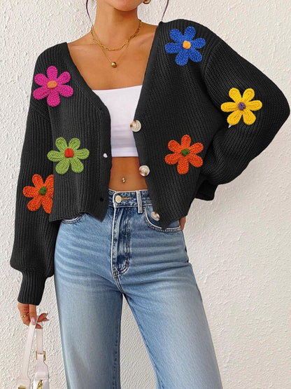 Women Colourblocked Ribbed Crop Cardigan with Embroidered Detail