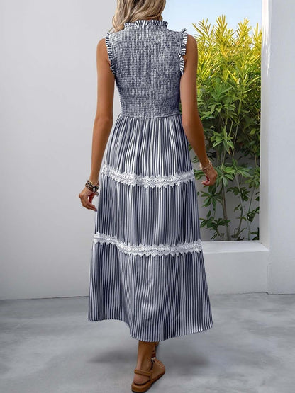 Striped Puff Sleeve A-Line Midi Dress