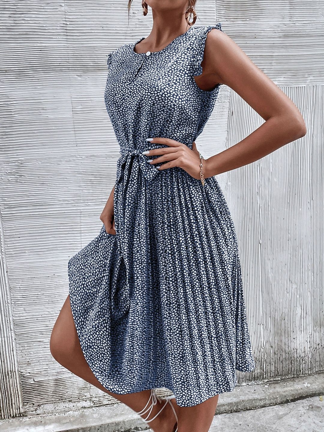 Print Keyhole Neck Flutter Sleeve Fit & Flare Dress
