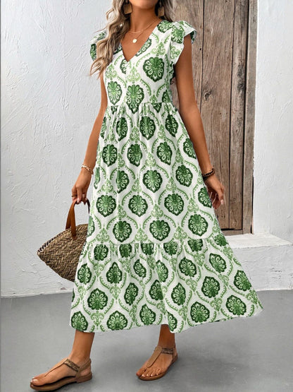 Floral Print Flutter Sleeve Fit & Flare Midi Dress
