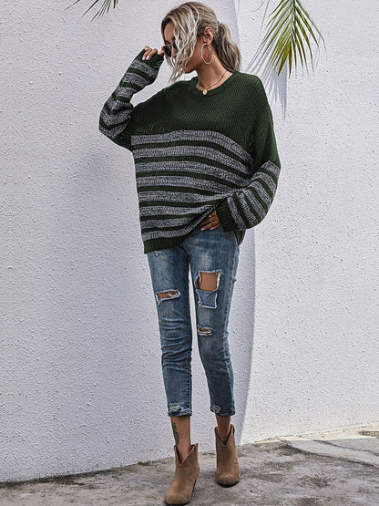 Women's Green Striped Pullover Blend Regular Fit