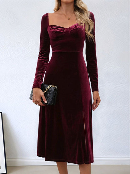 A-Line Midi Dress in Maroon - Nowi Korean Fashion