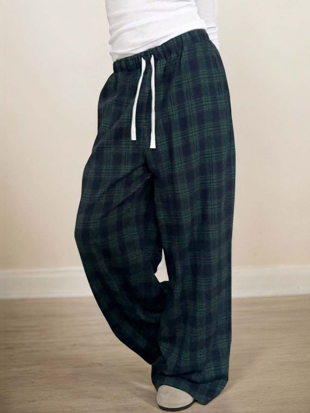 Checked Mid Rise Lounge Pants in Blue cotton - Nowi Korean Fashion