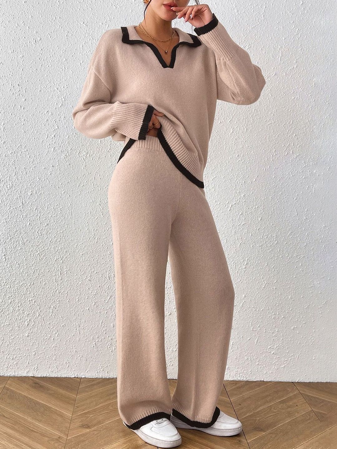 Knitted Solid Sweater with Trousers
