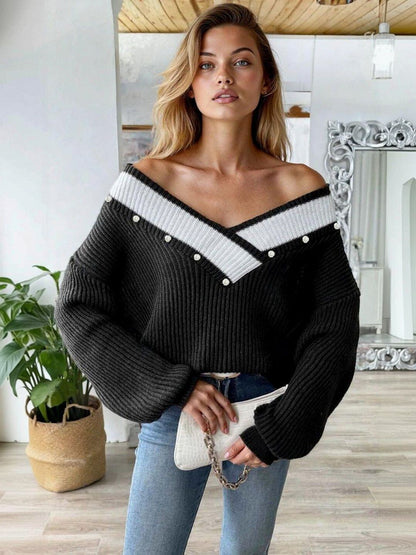 Ribbed Pullover in Black acrylic Style 579 - Nowi Korean Fashion