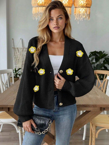 Crop Cardigan with Applique Detail in Black acrylic - Nowi Korean Fashion