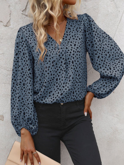 Women's Blue Animal Print Puff Sleeve Top