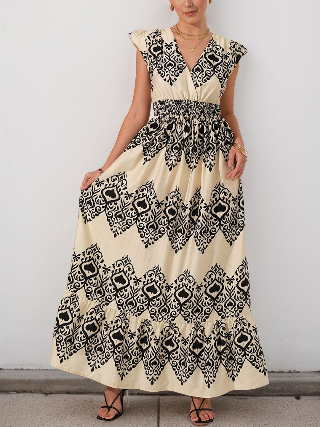 Print Puff Sleeve Maxi Dress Printed - Nowi Korean Fashion