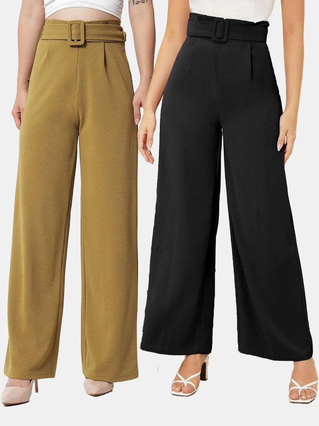 Pack Of 2 High-Rise Easy Wash Regular Fit Trousers in Black rayon Style 451 - Nowi Korean Fashion