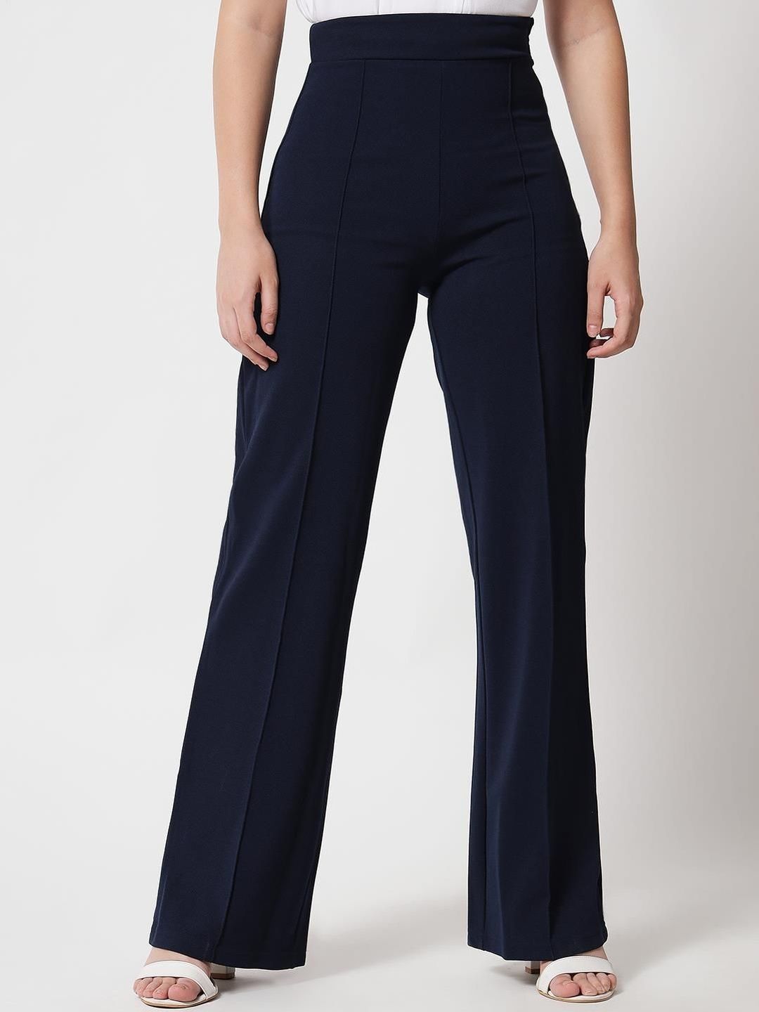 NOWI Women Solid Flared High-Rise Wide Leg Formal Trousers