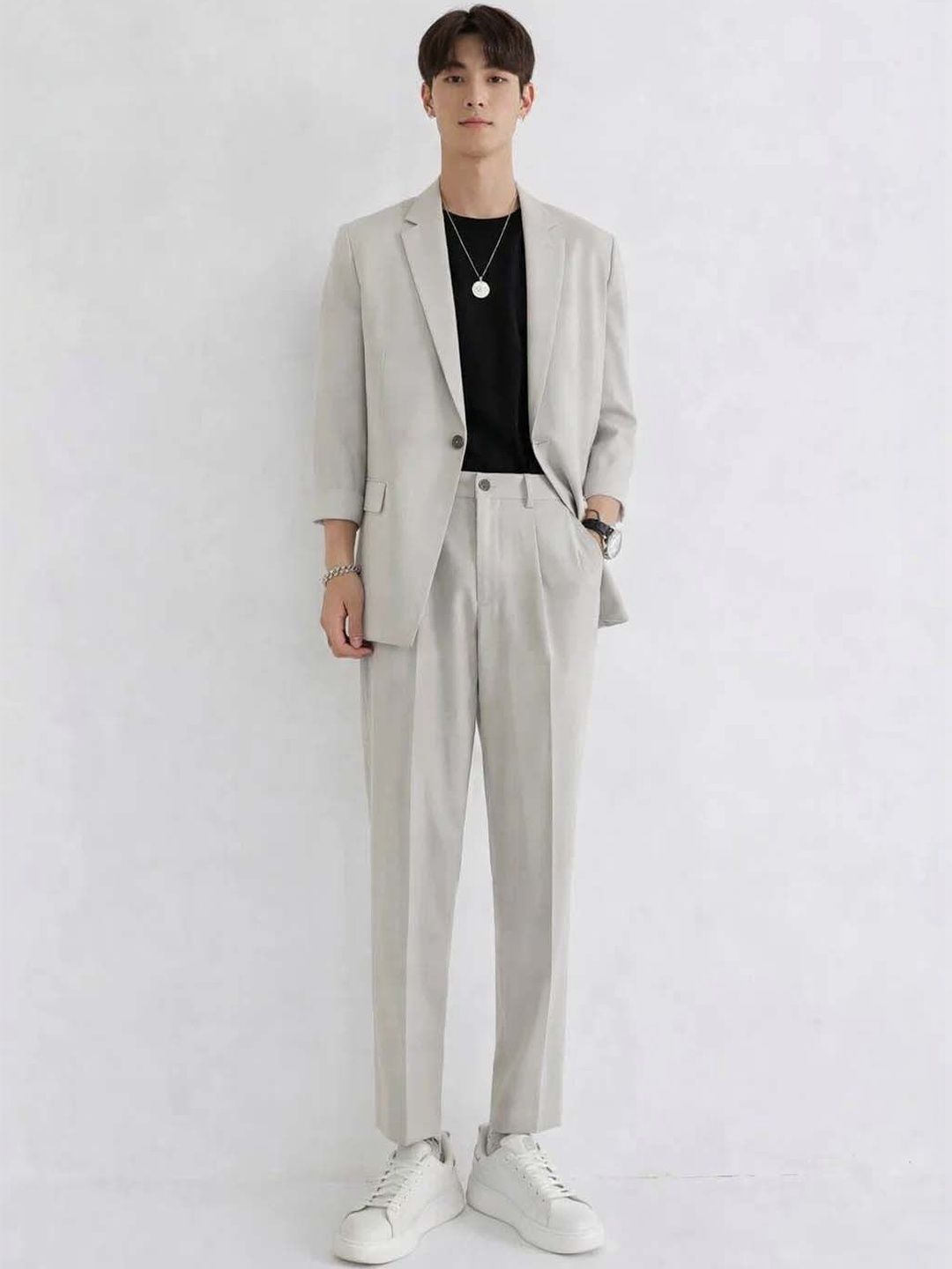 Solid Blazer with Trousers in Grey - Nowi Korean Fashion