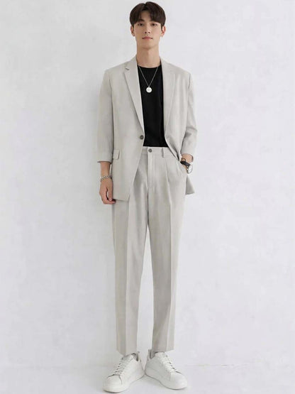 Solid Blazer with Trousers in Grey - Nowi Korean Fashion