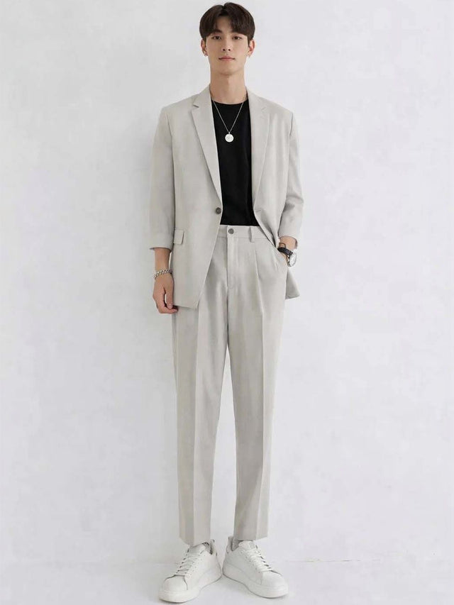Solid Blazer with Trousers in Grey - Nowi Korean Fashion