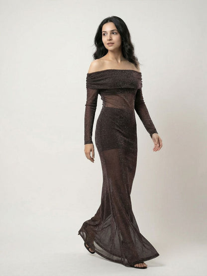 Women's Brown Off-Shoulder Sheath Maxi Dress Blend