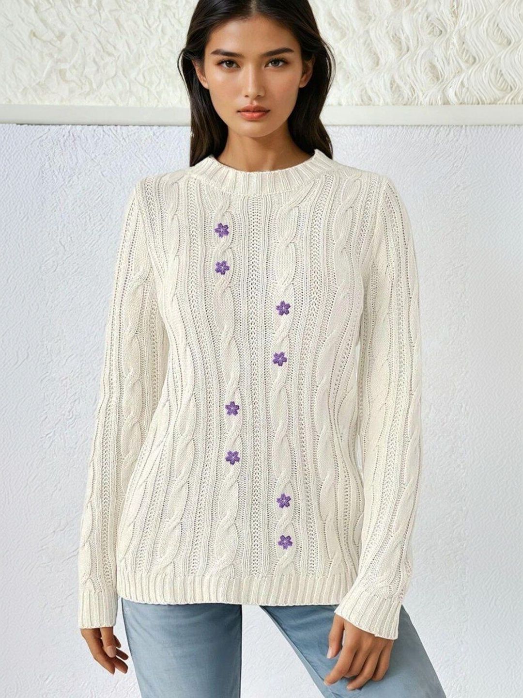 Cable Knit Colourblocked Pullover with Embroidered Detail in White acrylic - Nowi Korean Fashion