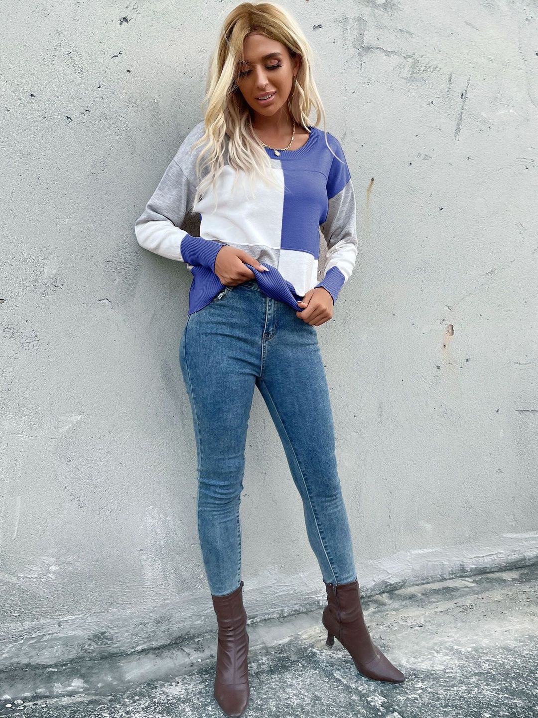 Women's Blue Colourblocked Pullover Blend