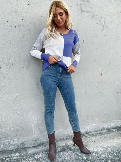 Women's Blue Colourblocked Pullover Blend