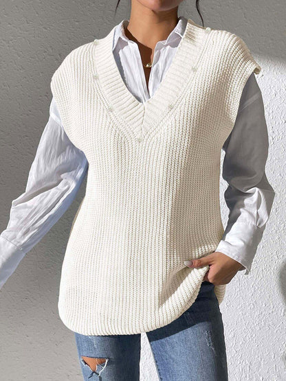 Women Ribbed Woollen Sweater Vest with Embellished Detail