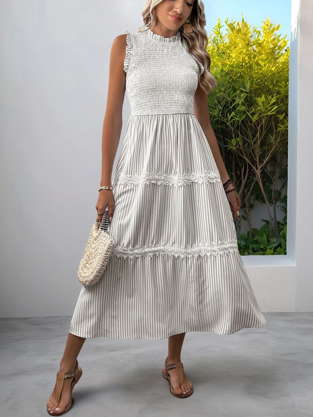 Striped Puff Sleeve A-Line Midi Dress