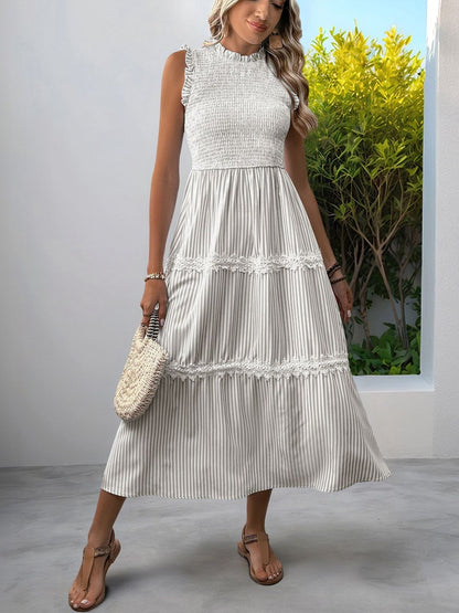 Striped Puff Sleeve A-Line Midi Dress