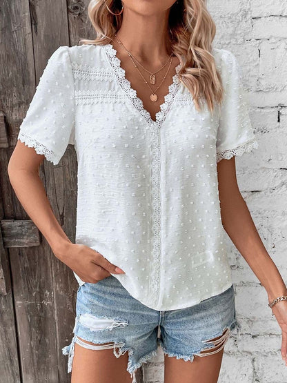 V-Neck Self Design Top in White polyester - Nowi Korean Fashion