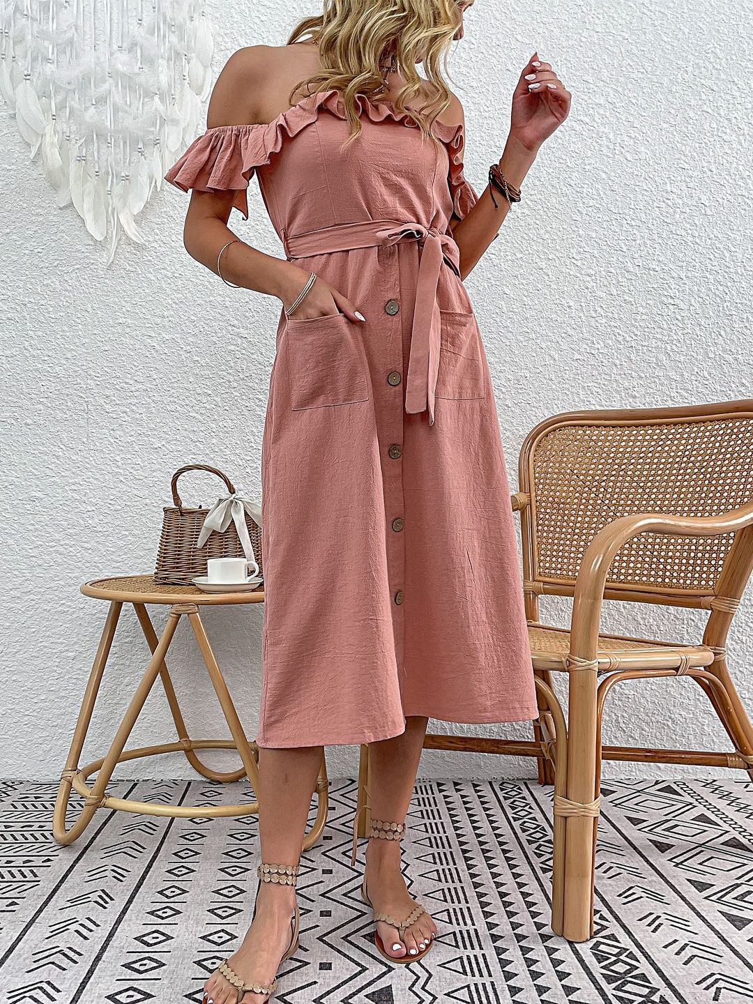Off-Shoulder Flutter Sleeve Ruffled A-Line Midi Dress