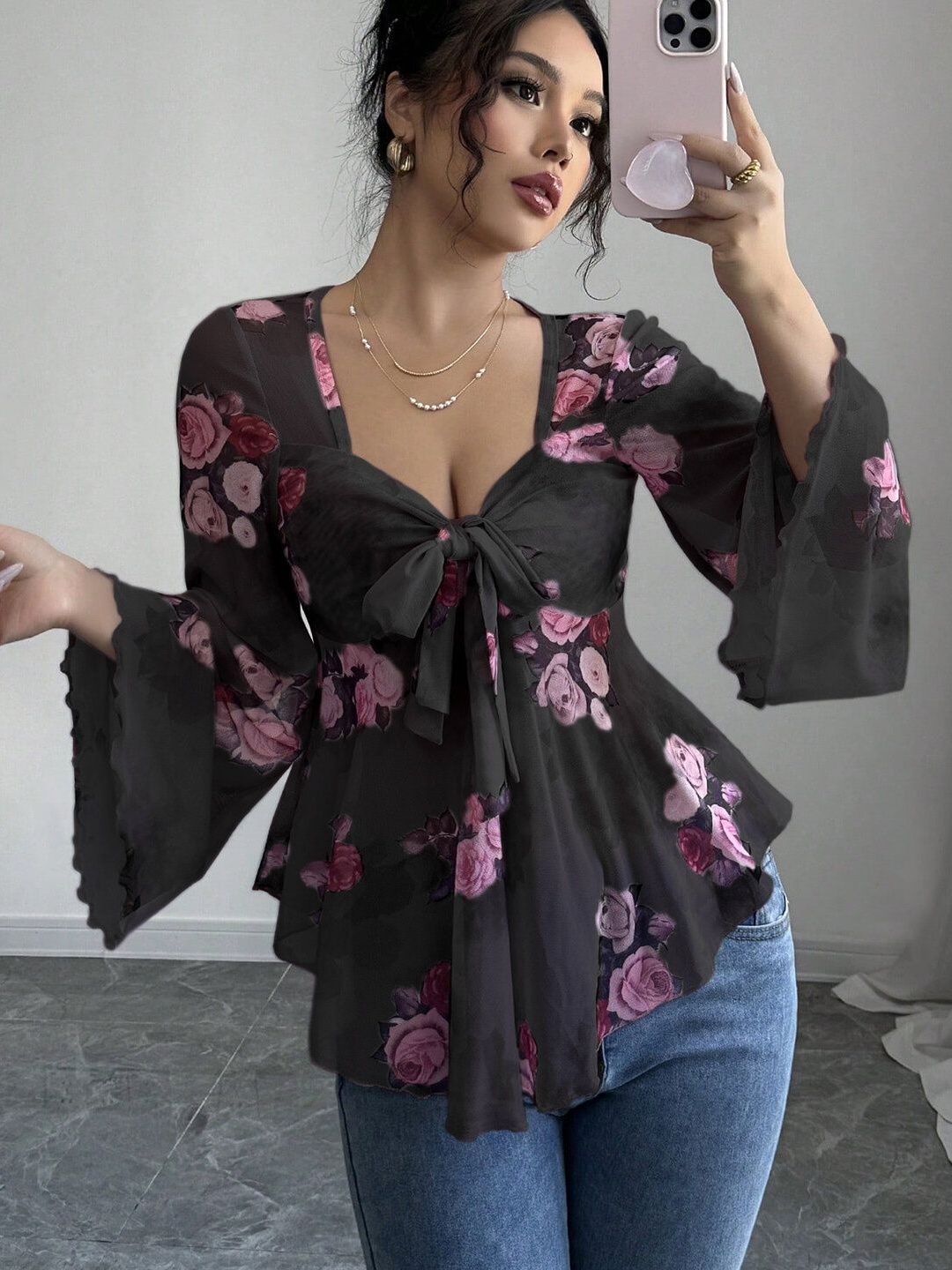 Floral Print Sweetheart Neck Flared Sleeve Top