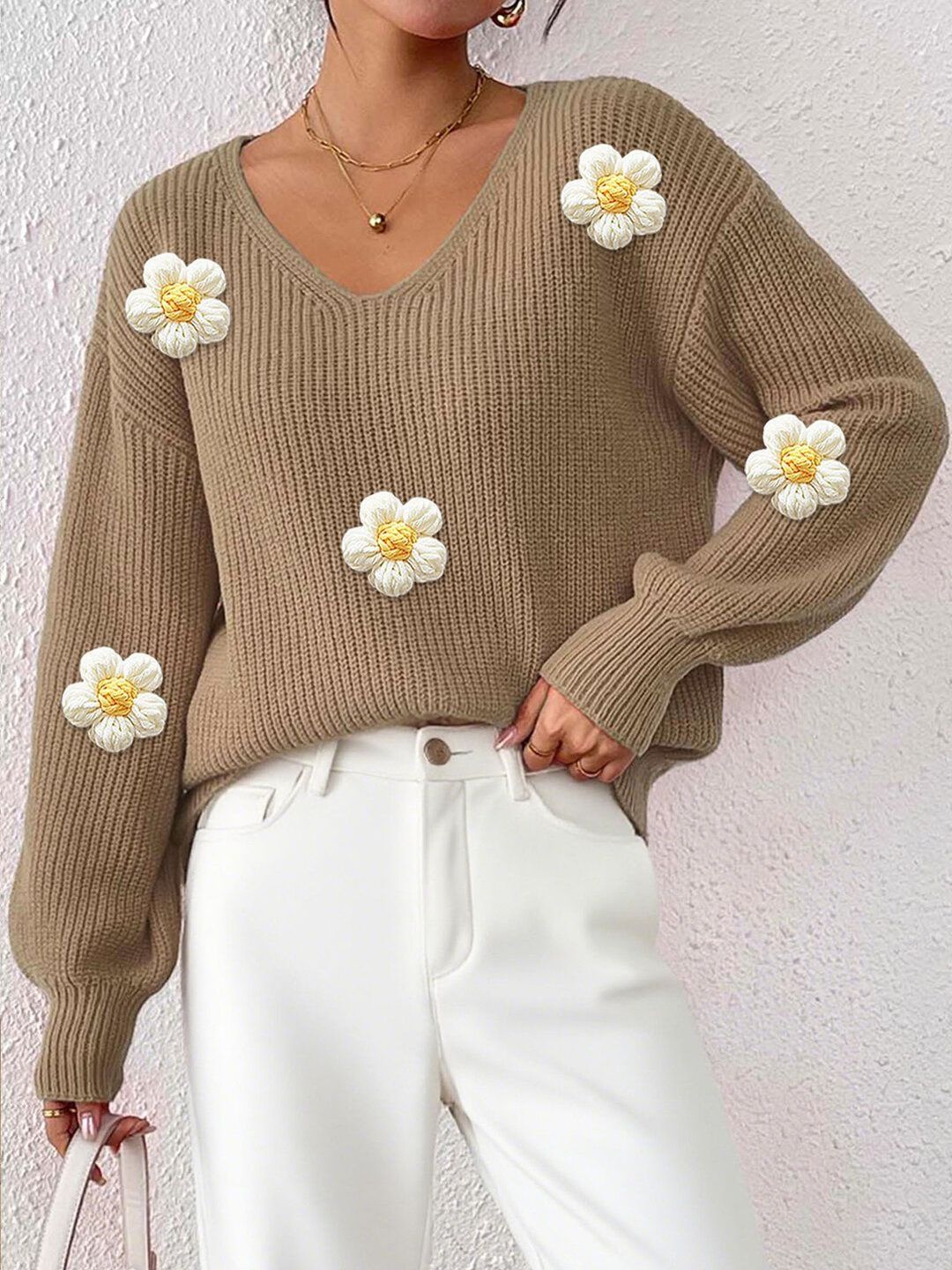 Women Floral Ribbed Pullover with Applique Detail