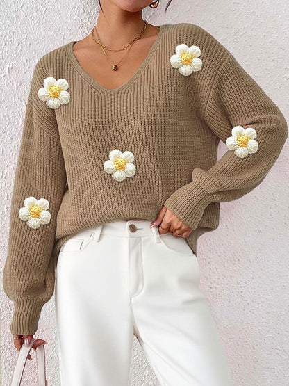 Women Floral Ribbed Pullover with Applique Detail