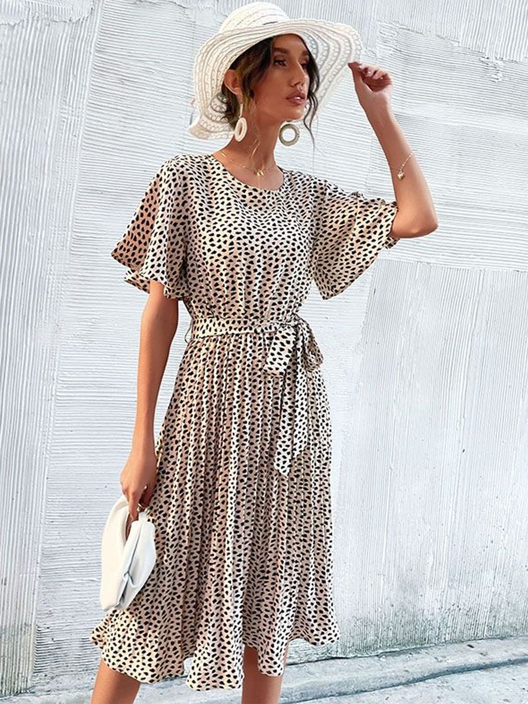 Animal Print Flutter Sleeve Fit & Flare Midi Dress