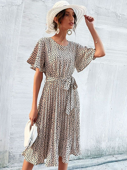 Animal Print Flutter Sleeve Fit & Flare Midi Dress