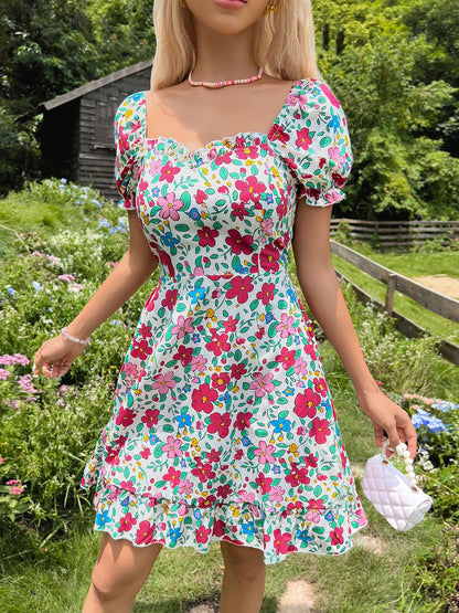 Floral Print Puff Sleeve Ruffled Fit & Flare Dress