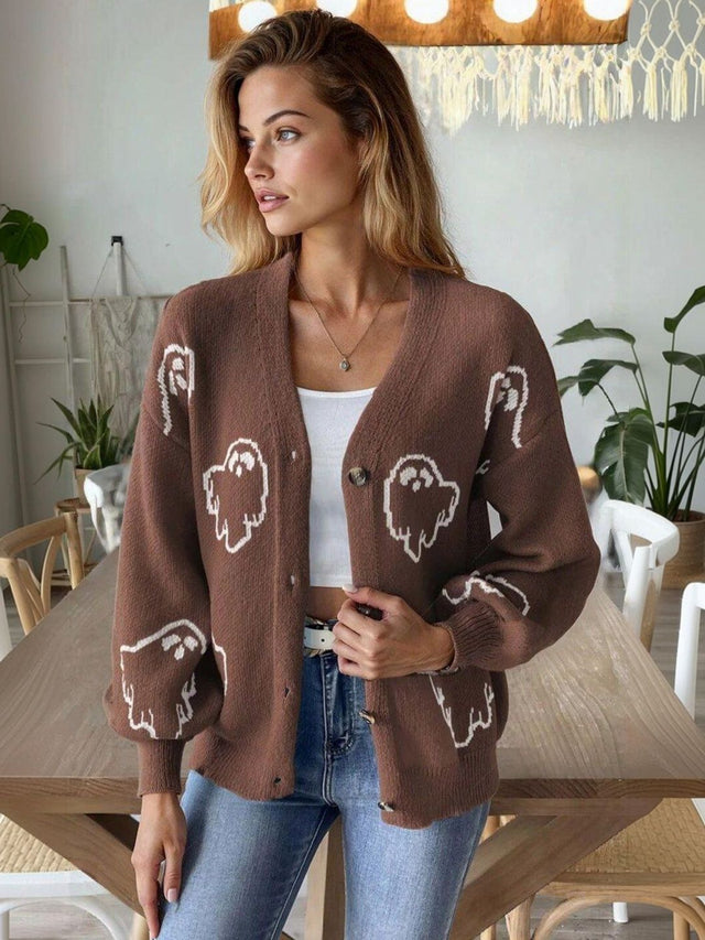 Printed Cardigan in Brown acrylic - Nowi Korean Fashion