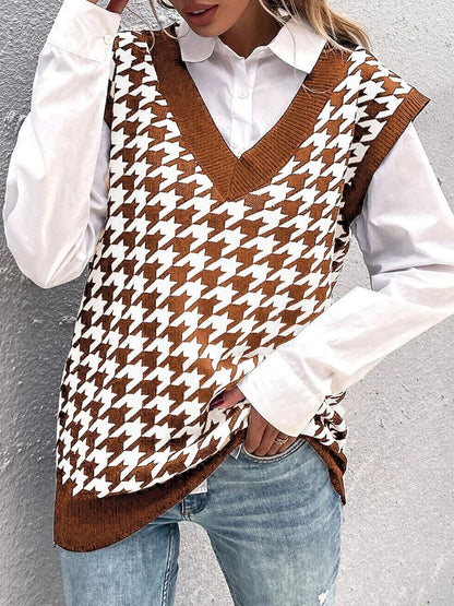 Women's Brown Checked Printed Sweater Vest