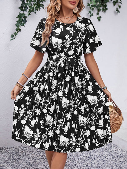 Floral Print Flared Sleeve Fit & Flare Midi Dress in Black cotton - Nowi Korean Fashion