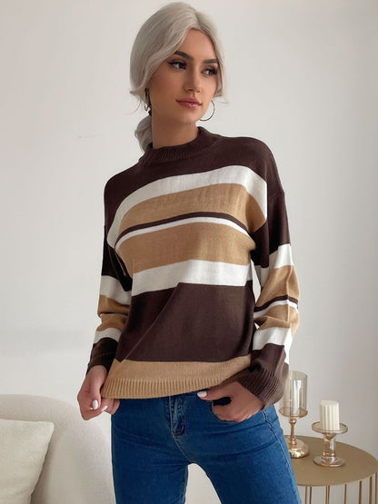 Women's Brown Striped Pullover Blend Regular Fit