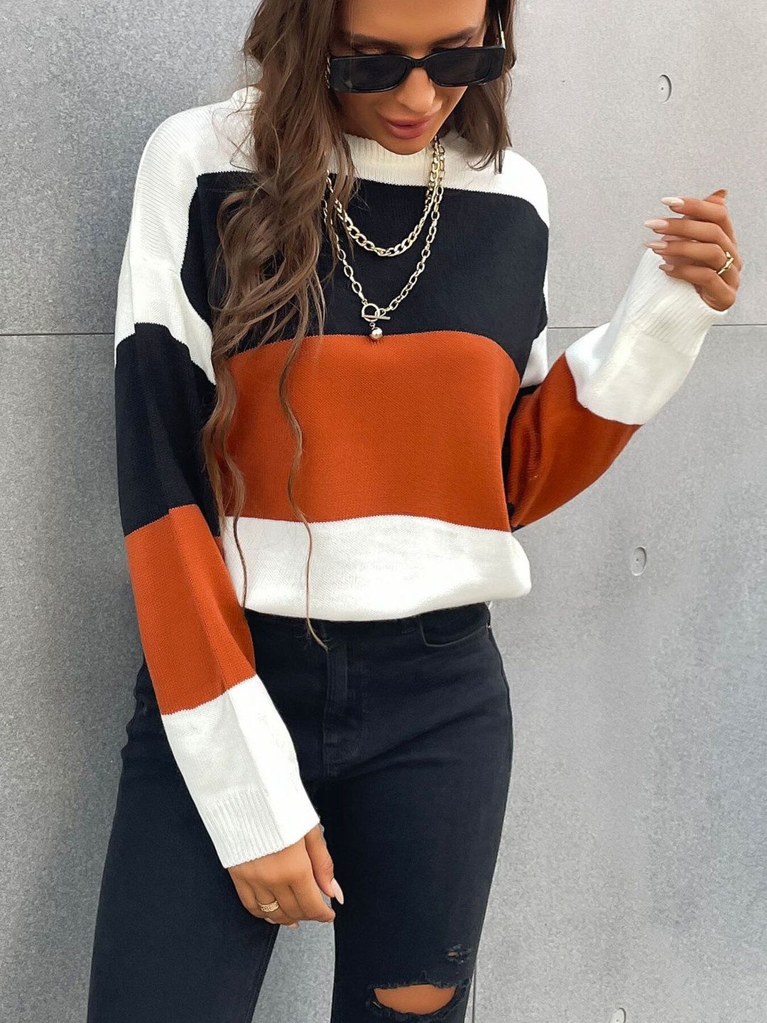 Women's Brown Colourblocked Pullover Blend Printed