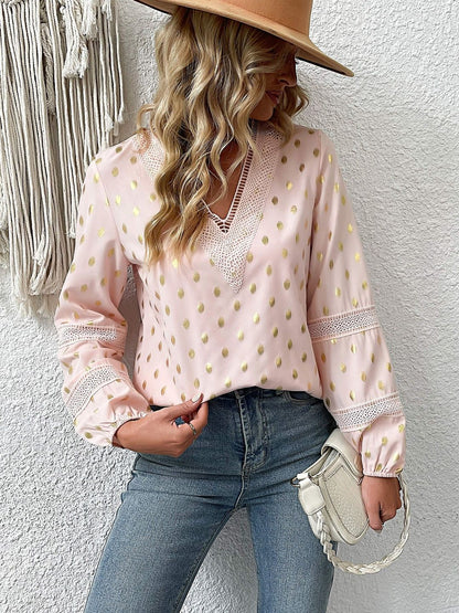 Women's Pink Polka Dot Print Bishop Sleeves Top
