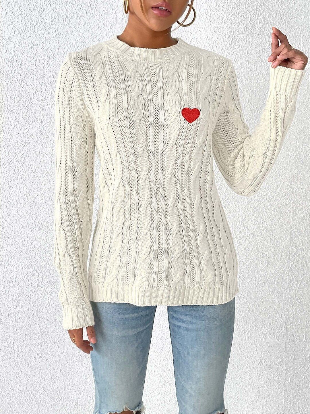 Women Cable Knit Pullover with Embroidered Detail