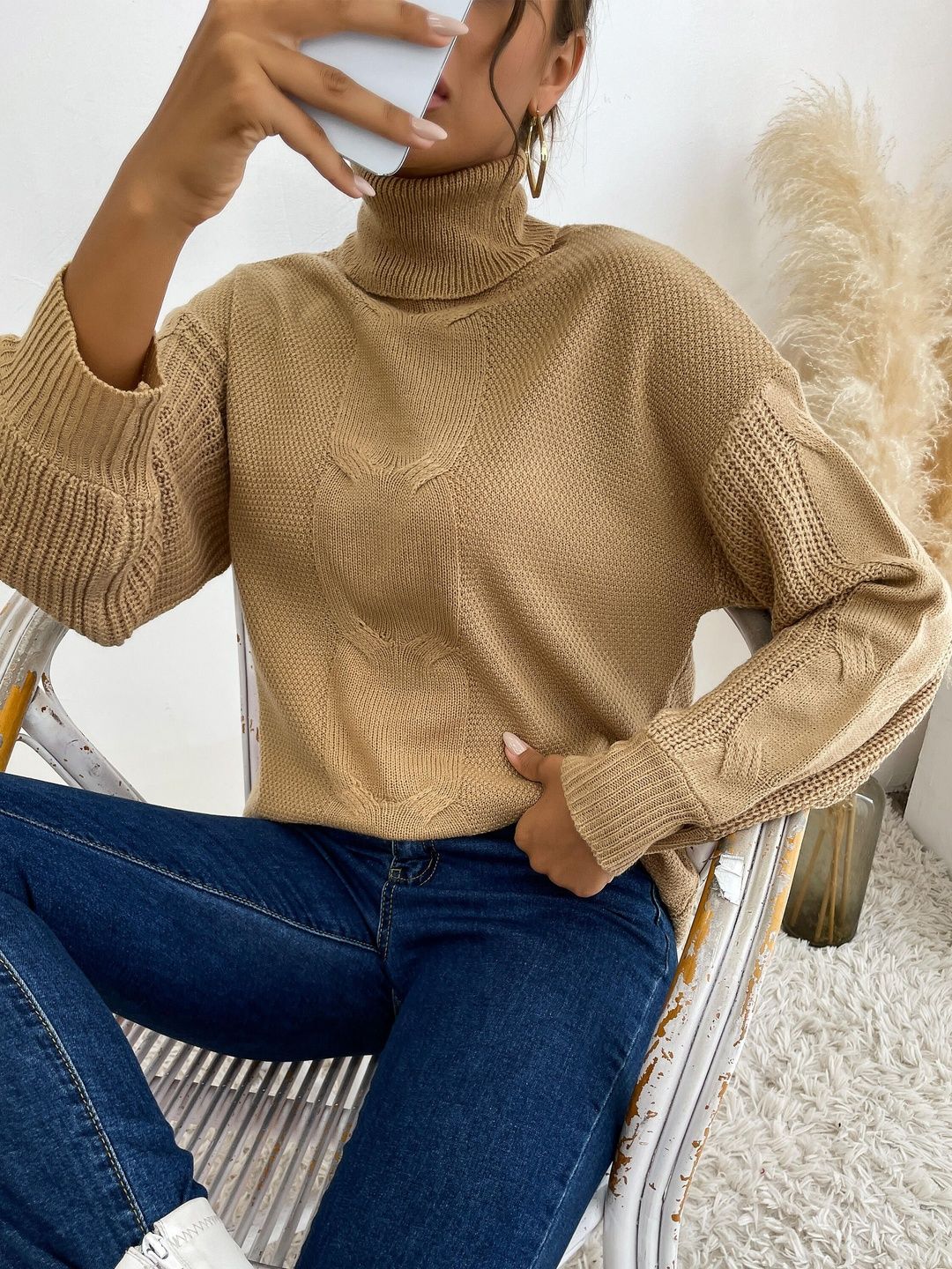 Women's Orange Nowi Women Cable Knit Pullover Printed
