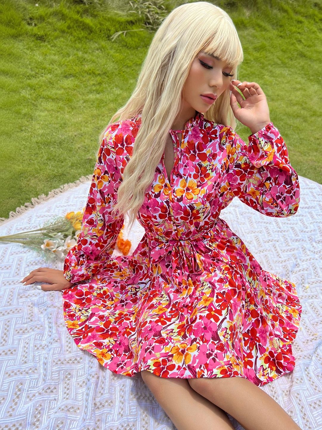 Floral Print Tie-Up Neck Fit & Flare Dress