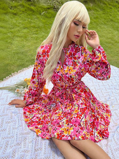 Floral Print Tie-Up Neck Fit & Flare Dress