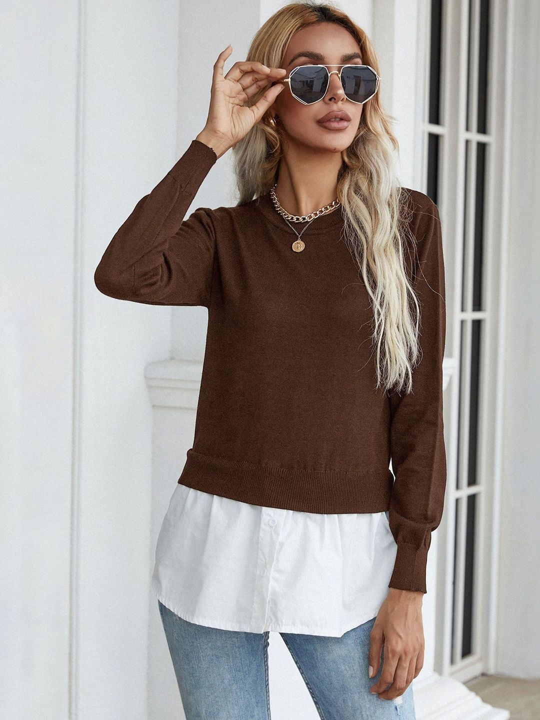 Women's Brown Pullover Blend Printed Regular Fit